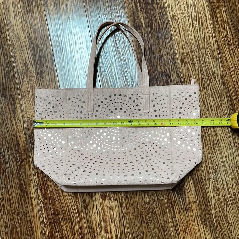 Metallic rose gold blush pink laser cut zip closure large tote bag